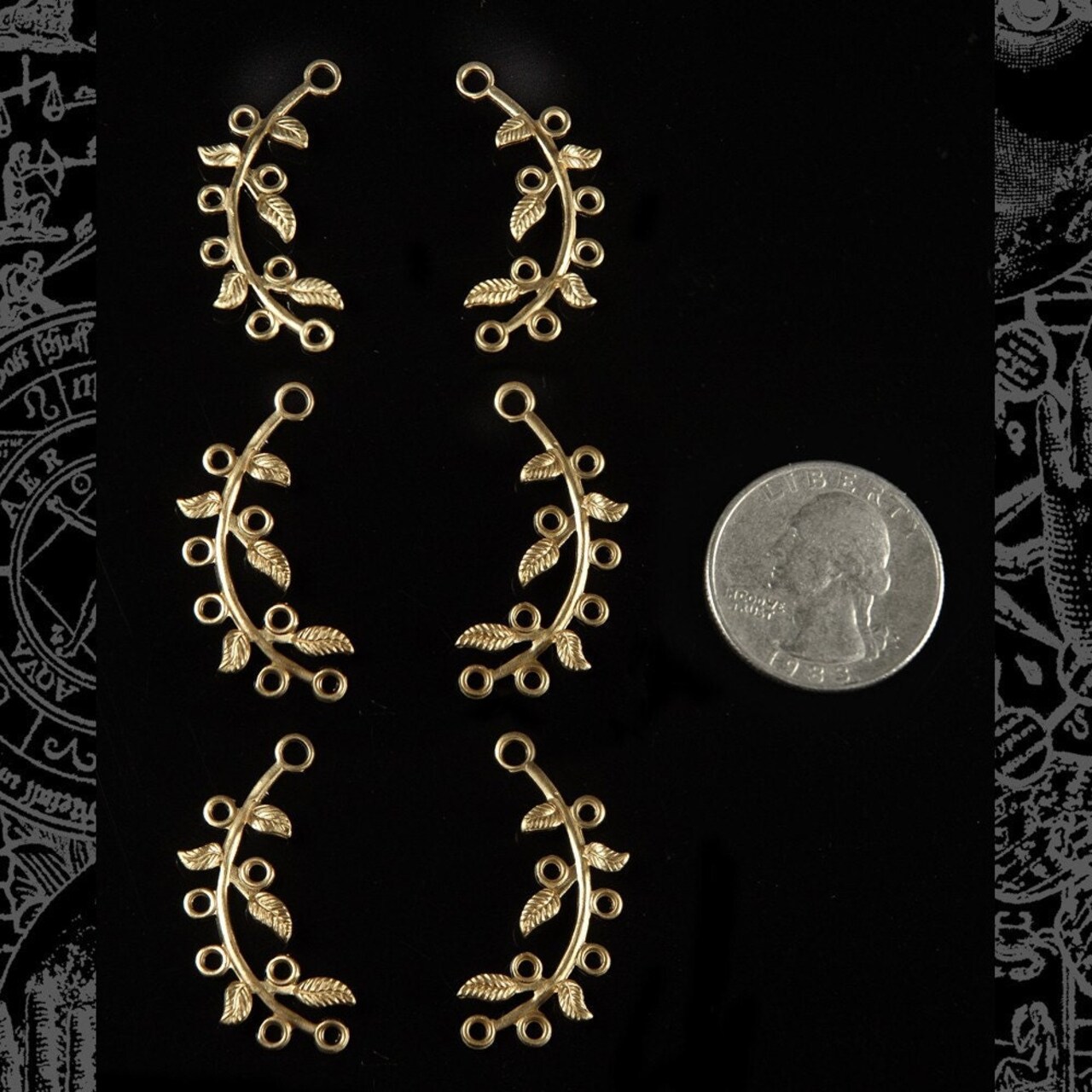 Raw Brass Connector Branch with Eight Loops Five Leaves - Set of Six - XXX - B-2C02